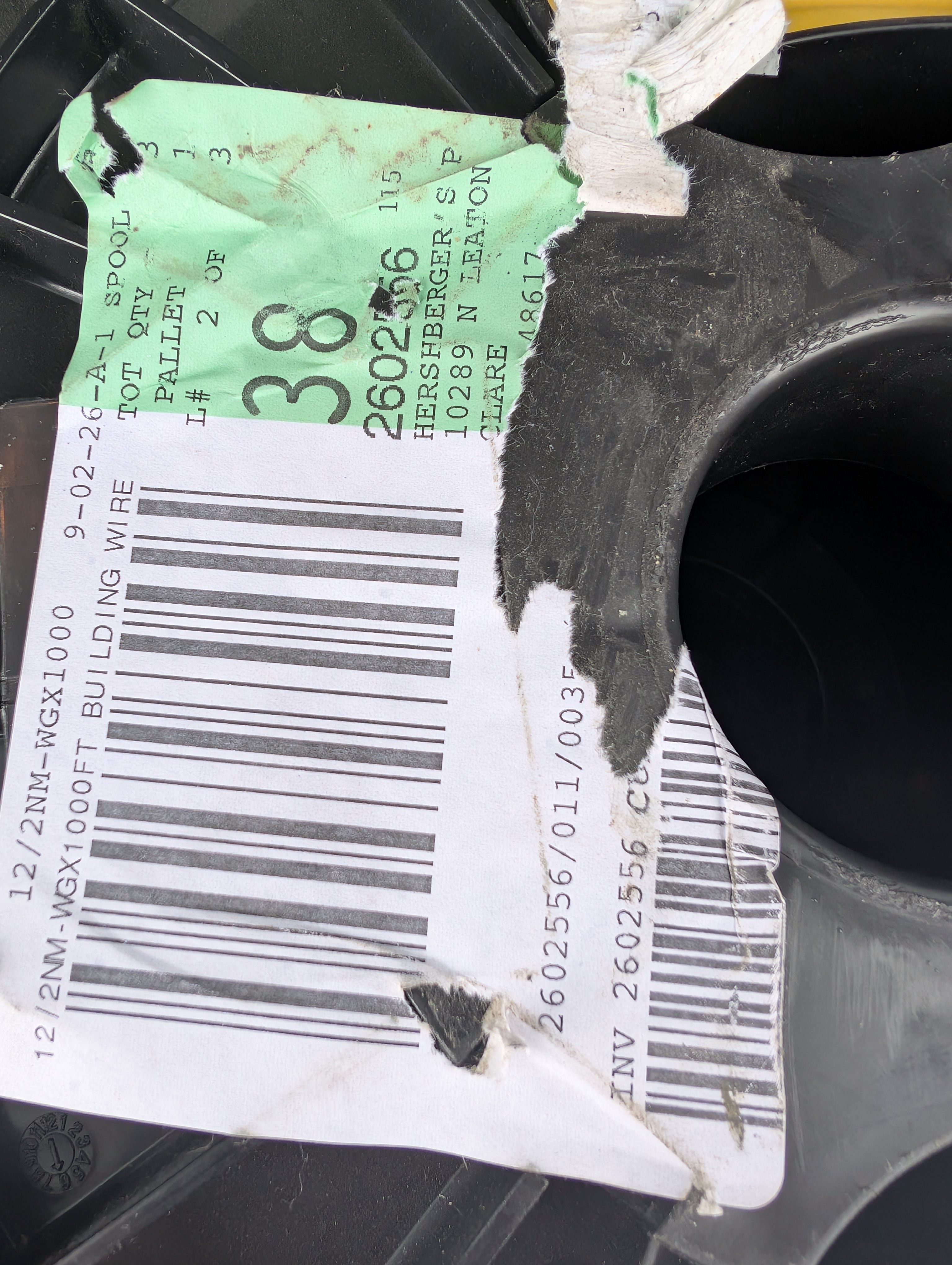 Hershberger's pallet tag for 1000ft 12/2 NM-B spool