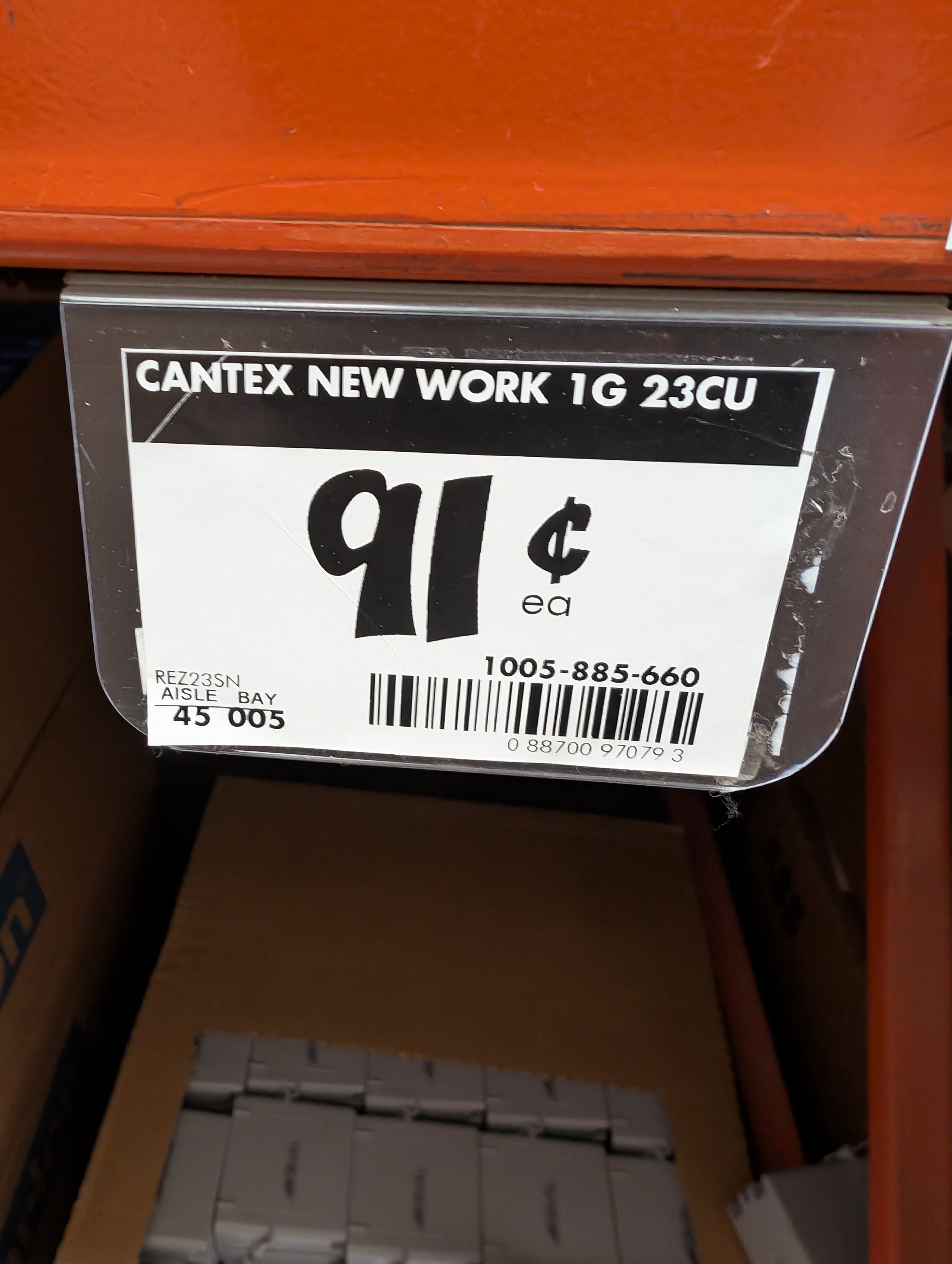 Home Depot shelf tag for Cantex 1G 23cu deep new-work box at 91 cents each