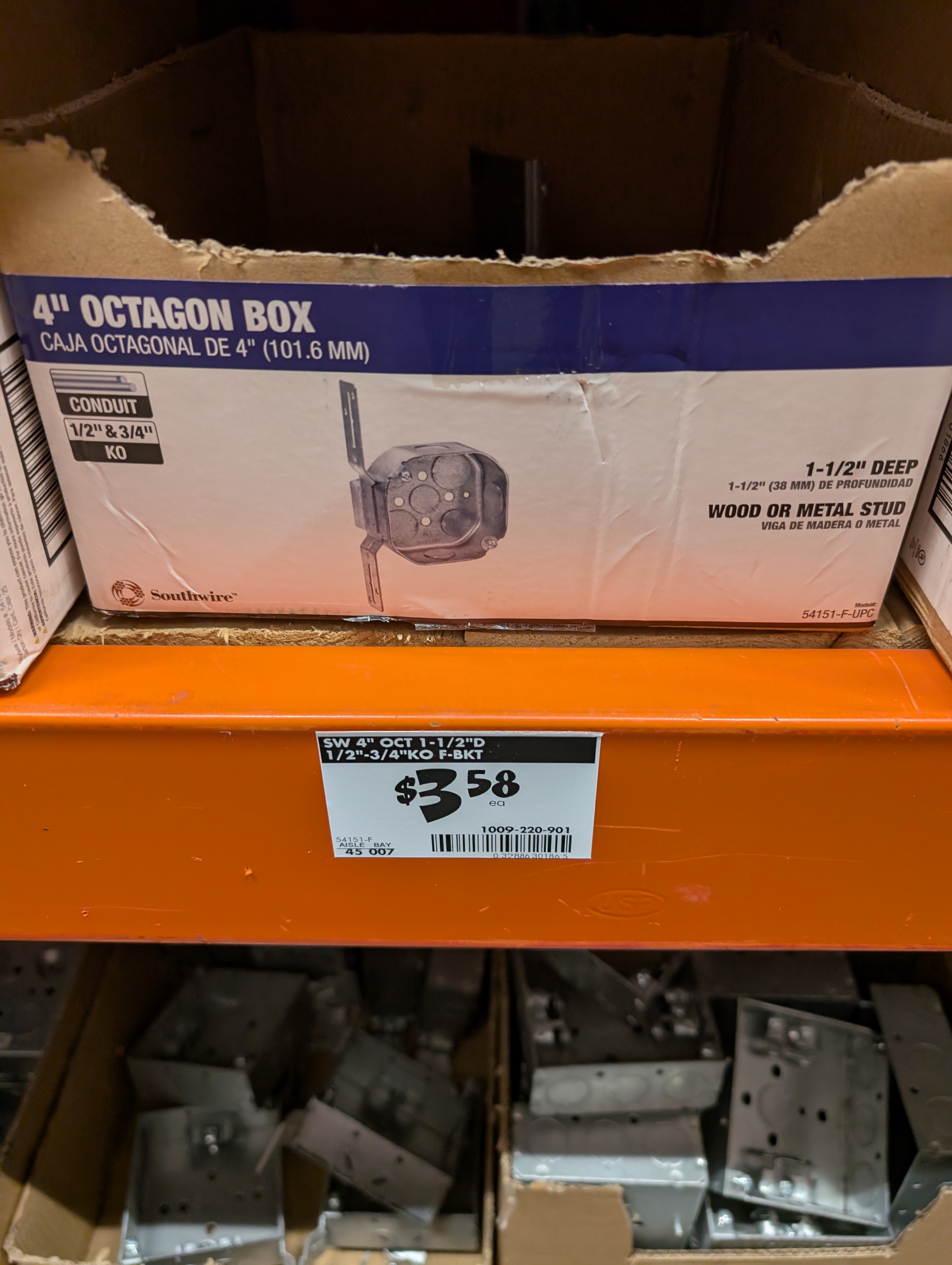 Home Depot shelf for Southwire 4 inch octagon ceiling box with F-bracket