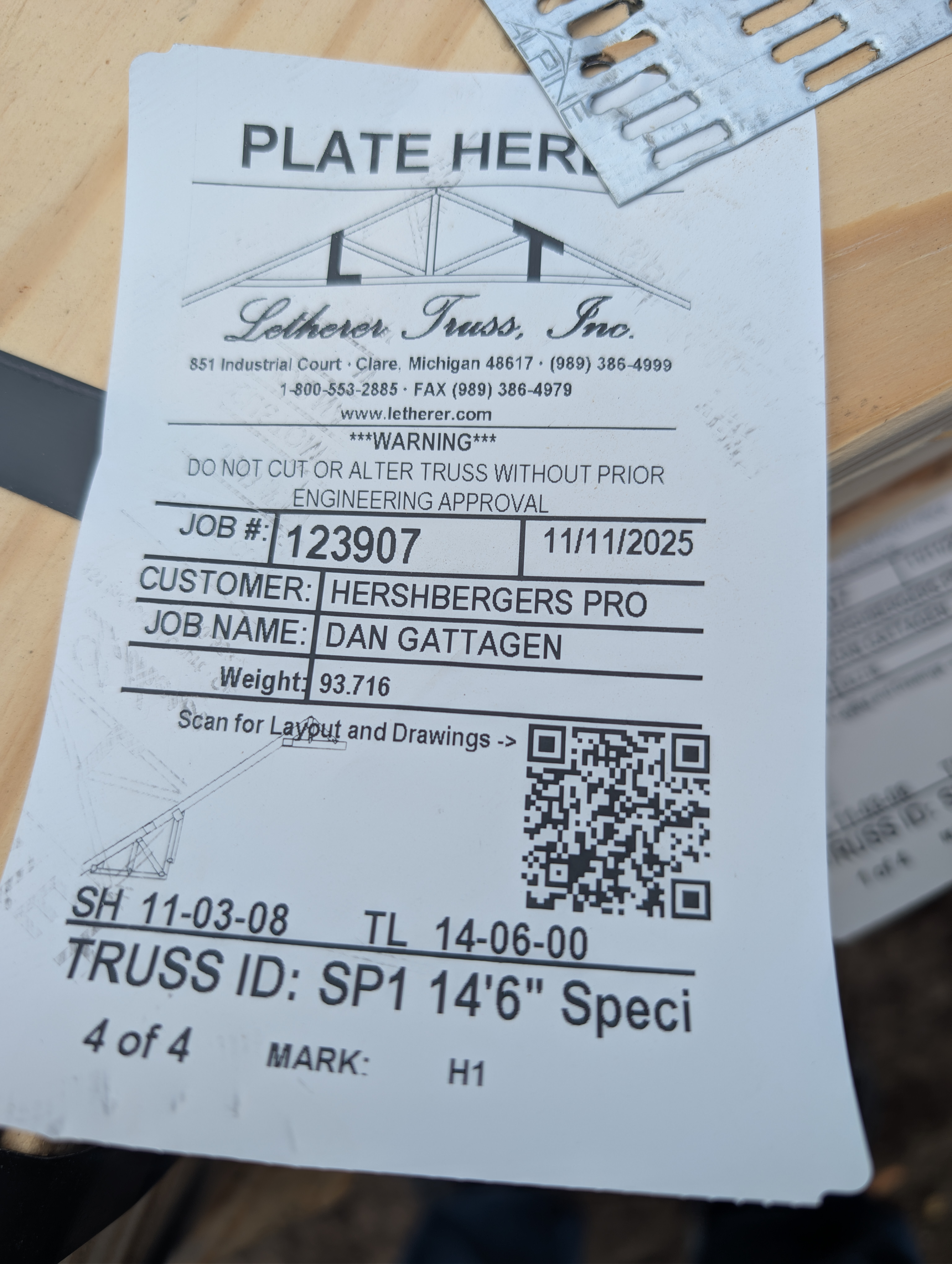 Letherer Truss Inc. Identification Tag with QR Code