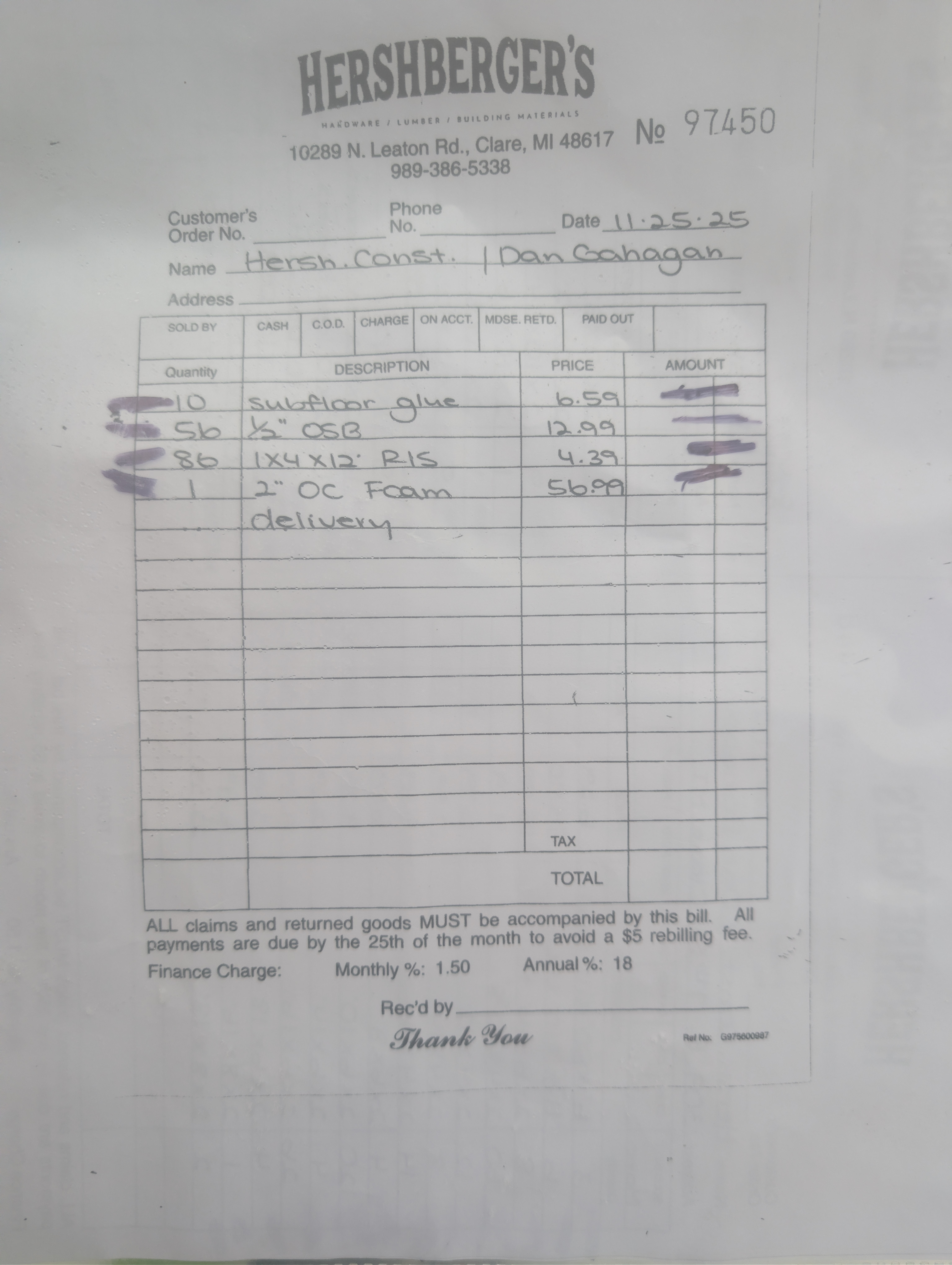 Invoice sheet listing subfloor glue, OSB, and foam quantities