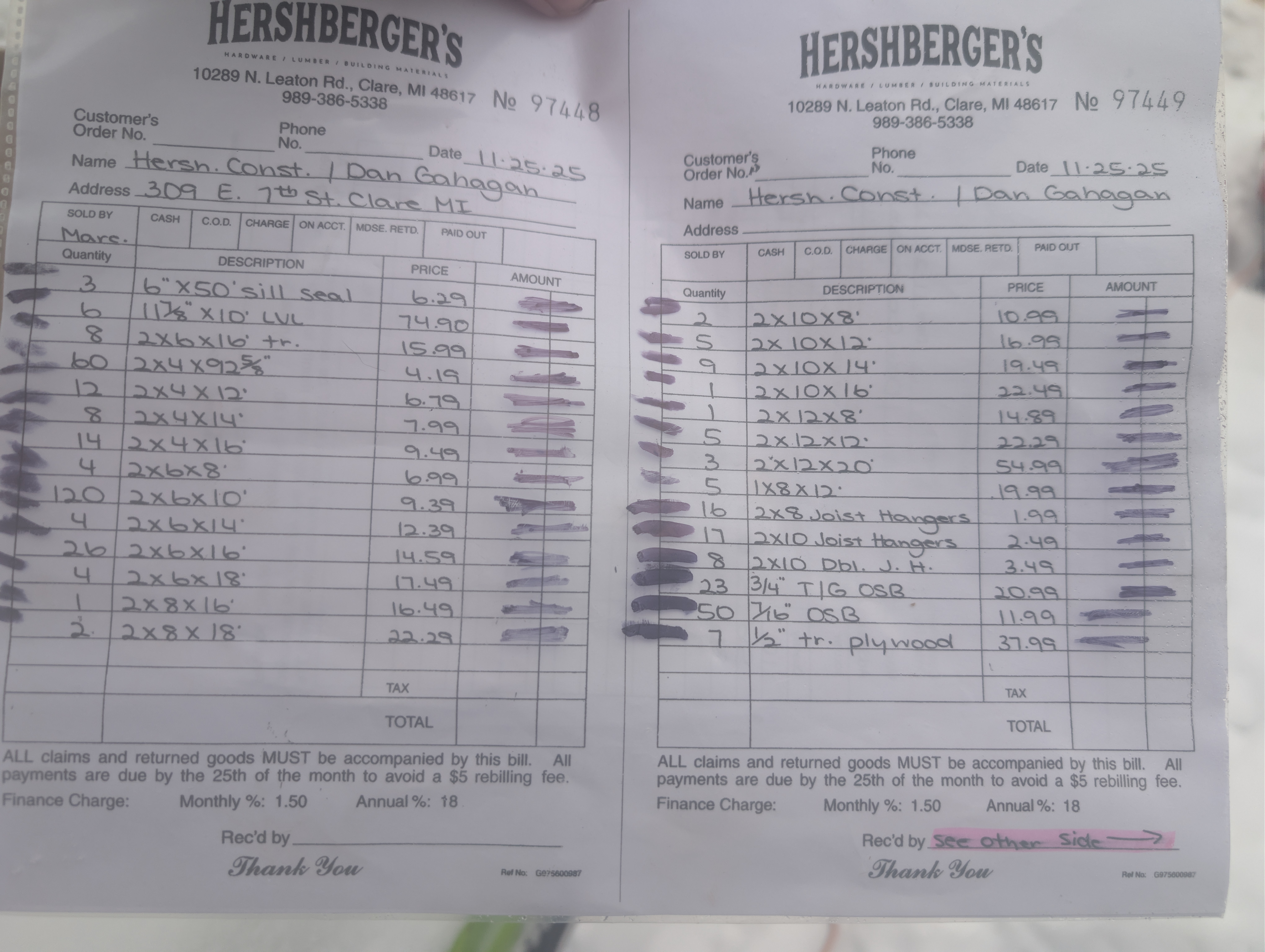 Two-page set of Hershberger's invoices listing framing lumber and connectors